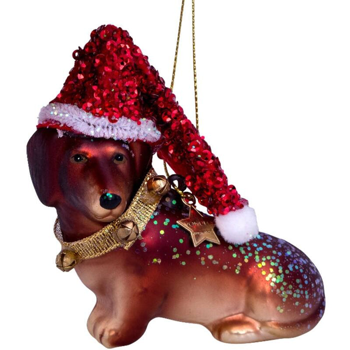 VONDELS Christbaumschmuck - Ornament kleiner Dackel mit Hut H8cm