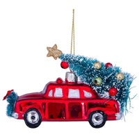 VONDELS Christbaumschmuck - Deko-Glas, rotes Auto mit Weihnachtsbaum, H5,5 cm