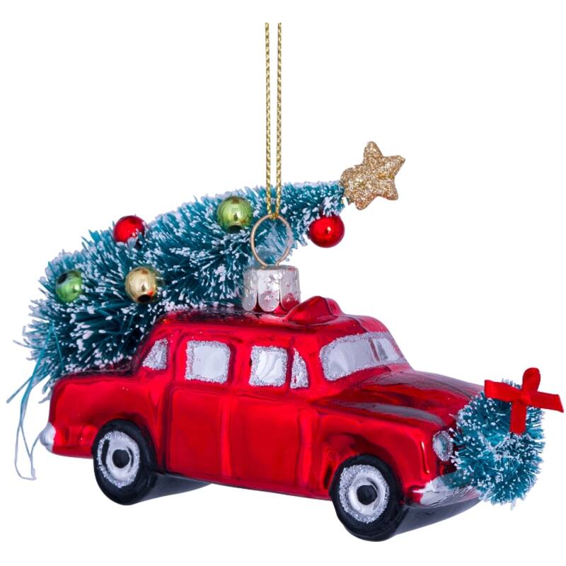 VONDELS Christbaumschmuck - Deko-Glas, rotes Auto mit Weihnachtsbaum, H5,5 cm