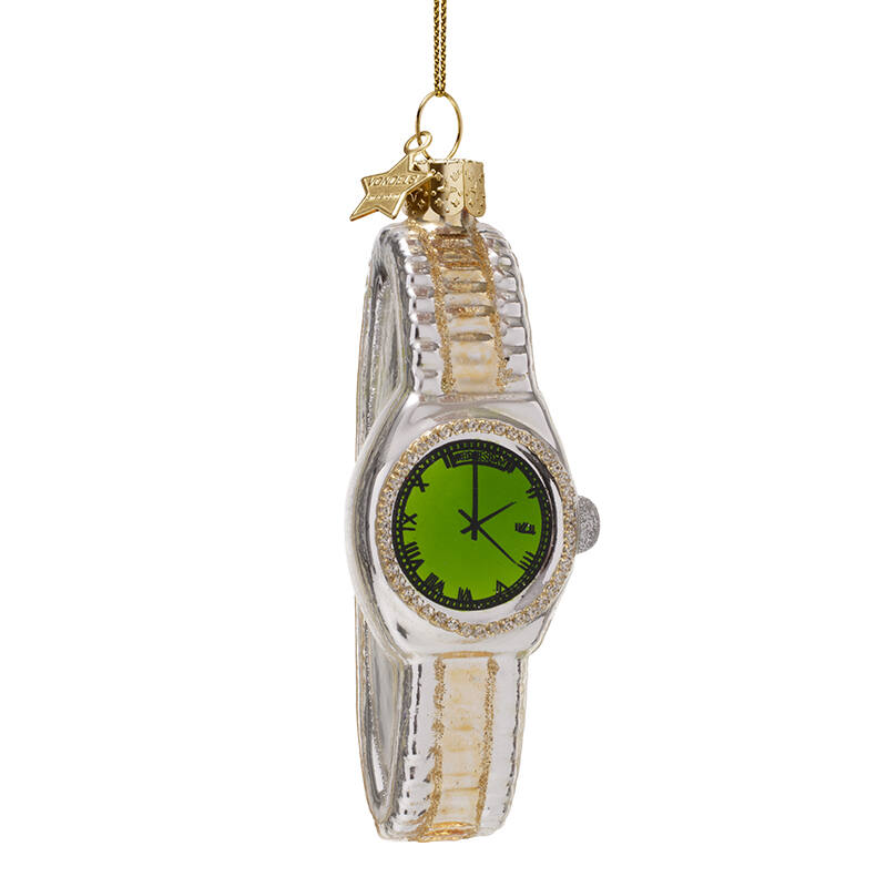VONDELS Christbaumschmuck - Ornament - Glas Silber/Gold Uhr mit grün H13cm