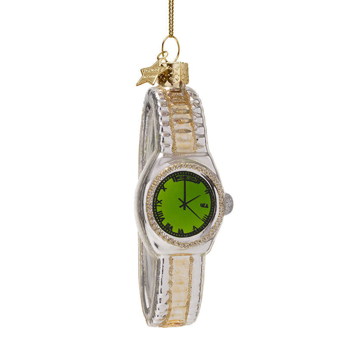 VONDELS Christbaumschmuck - Ornament - Glas Silber/Gold Uhr mit grün H13cm