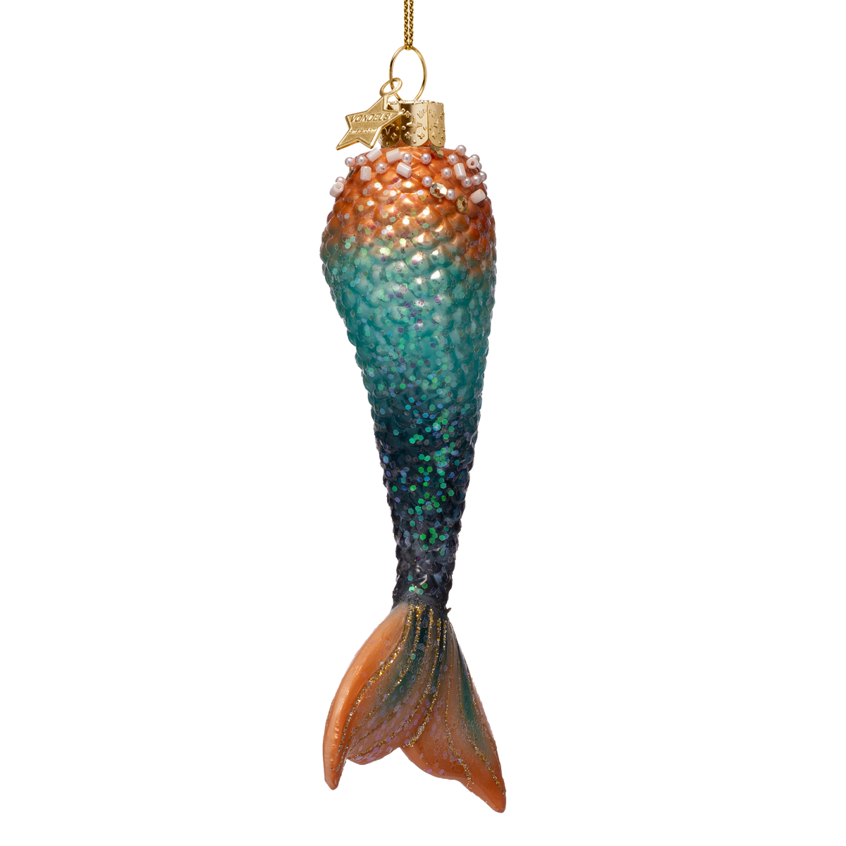 Vondels - Ornament aus Glas, blau-orange, Meerjungfrauenschwanz, Höhe 13,5 cm