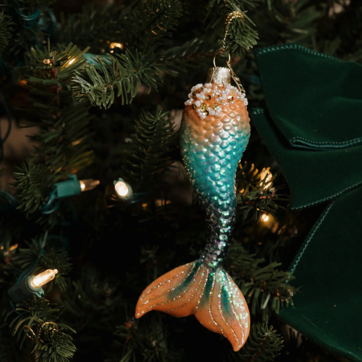 Vondels - Ornament aus Glas, blau-orange, Meerjungfrauenschwanz, Höhe 13,5 cm
