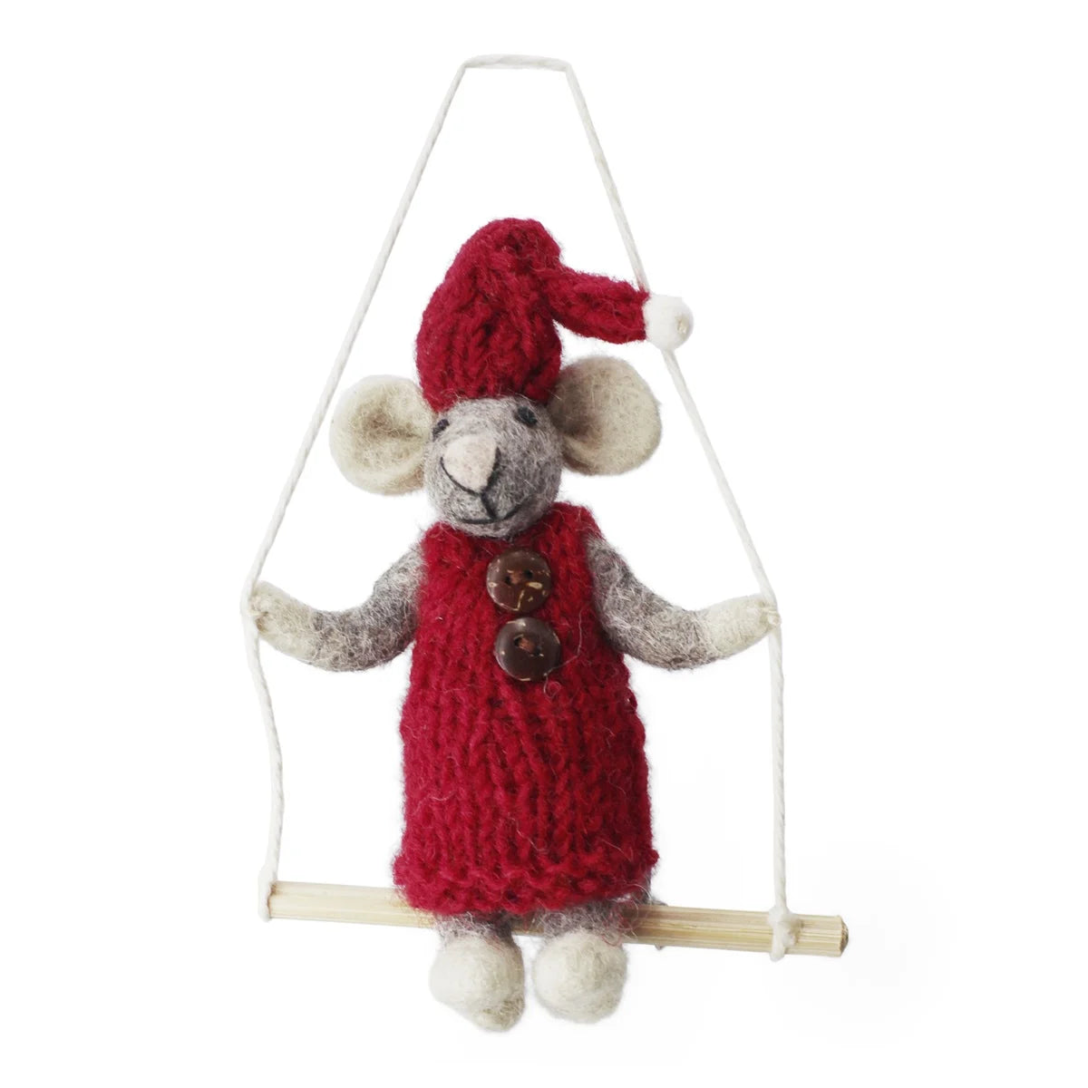 Anhänger - Kleine graue Girly-Maus mit rotem Kleid auf der Schaukel