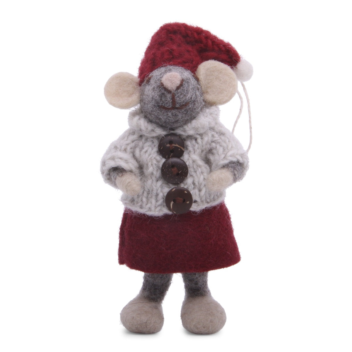 Anhänger - Kleine graue Girly-Maus mit rotem Hut, Kleid und hellgrauer Jacke